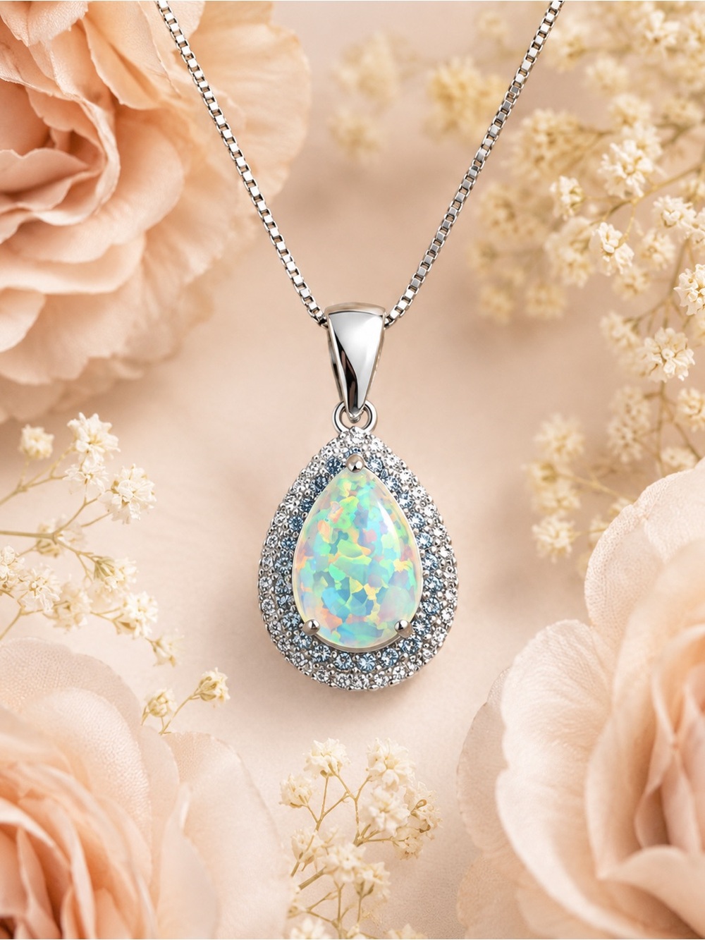 Sterling Teardrop Opal Pendant Necklace - Iridescent Opal - Picture 3 of 5